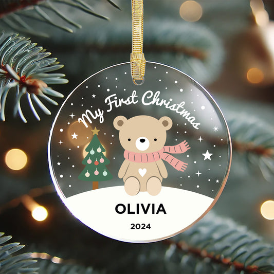 Acrylic Teddy Bear Scarf Ornament - My First Christmas