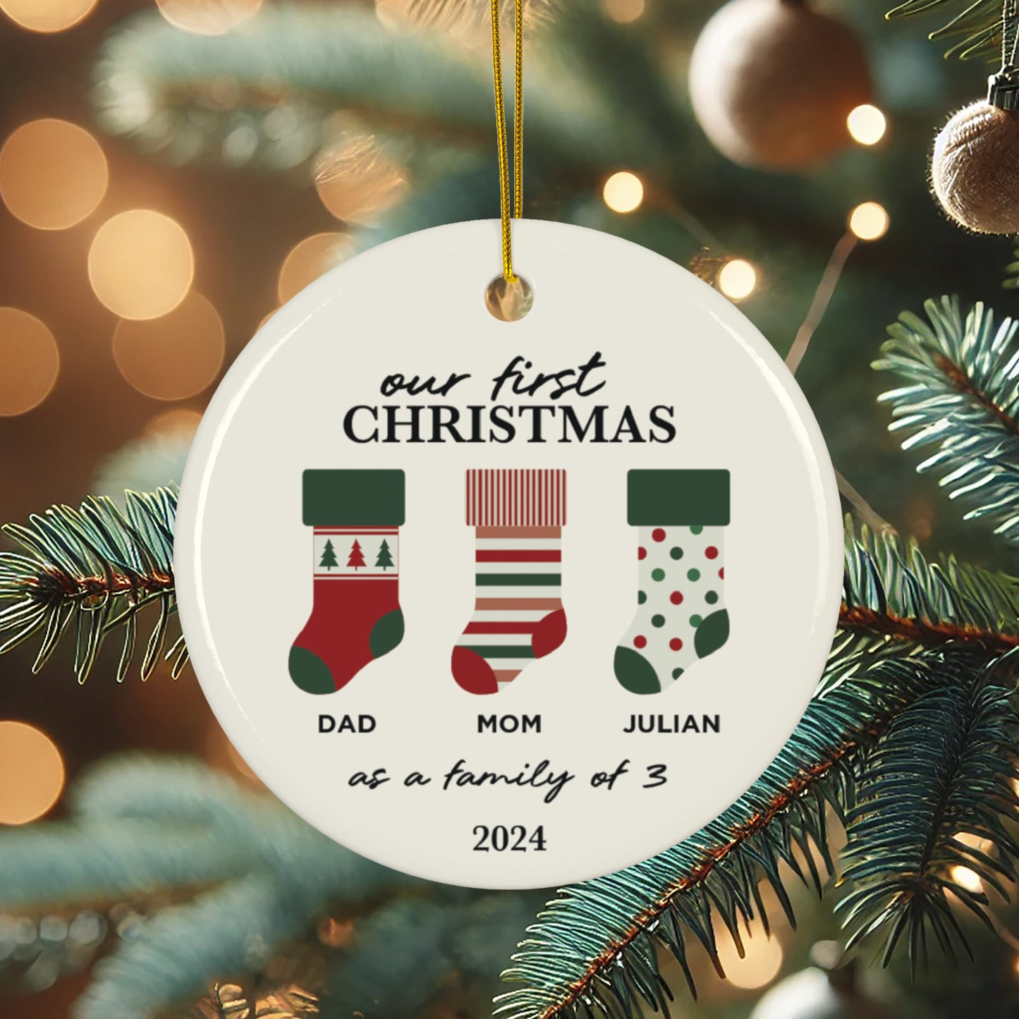 Ceramic Family Stockings Ornament - Our First Christmas