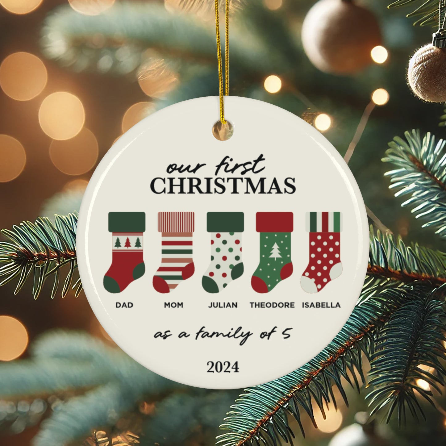 Ceramic Family Stockings Ornament - Our First Christmas