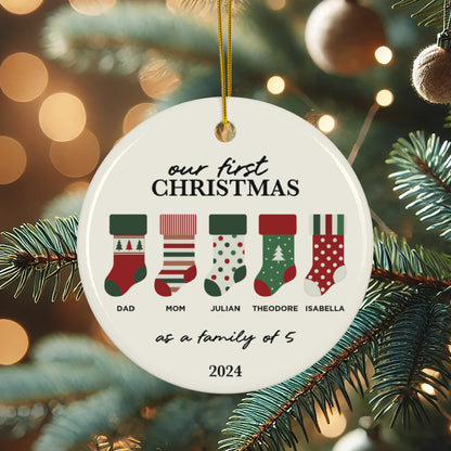 Ceramic Family Stockings Ornament - Our First Christmas